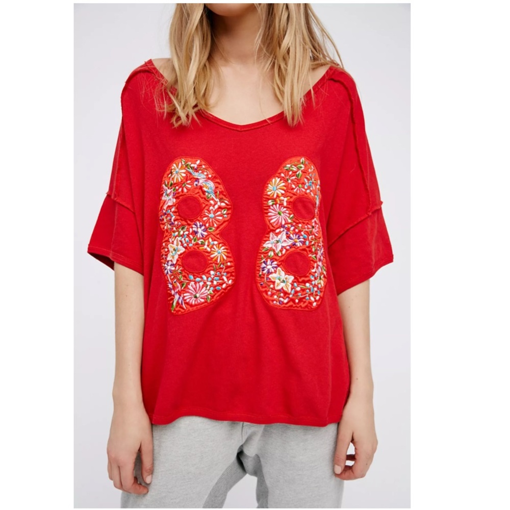 Free People Red Short Sleeve Embroidered Patch Tee